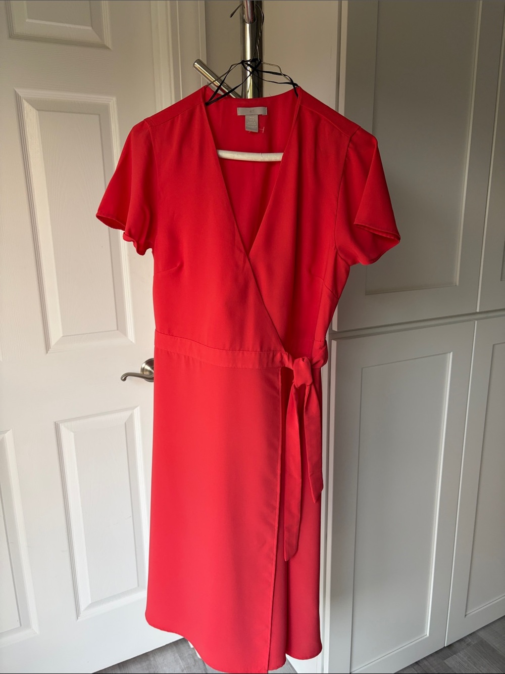 H&M Red Wrap Midi Dress with Tie Waist, Size 6.